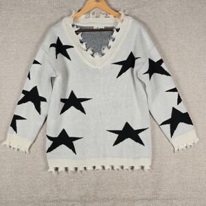 Macaron Womens White Black Star Distressed V-Neck Knit Sweater IP3015 Small